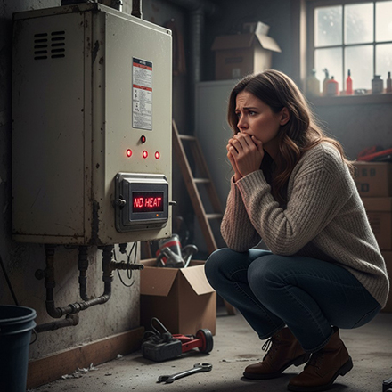 Mujer preocupada por que su calefacción no funciona